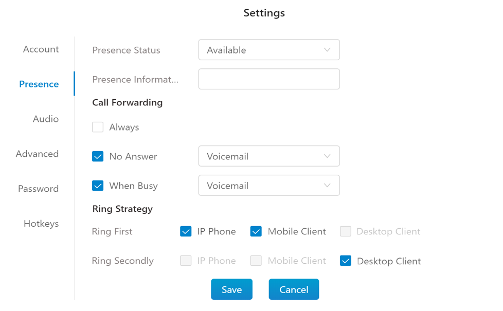 softphone-ring-strategies in2pbx settings menu