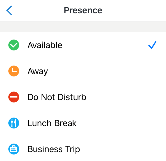Presence settings in2pbx settings menu